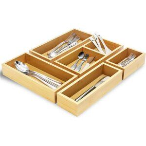 Bamboo drawer organizer set of 5 wooden storage trays kitchen desk vanity makeup